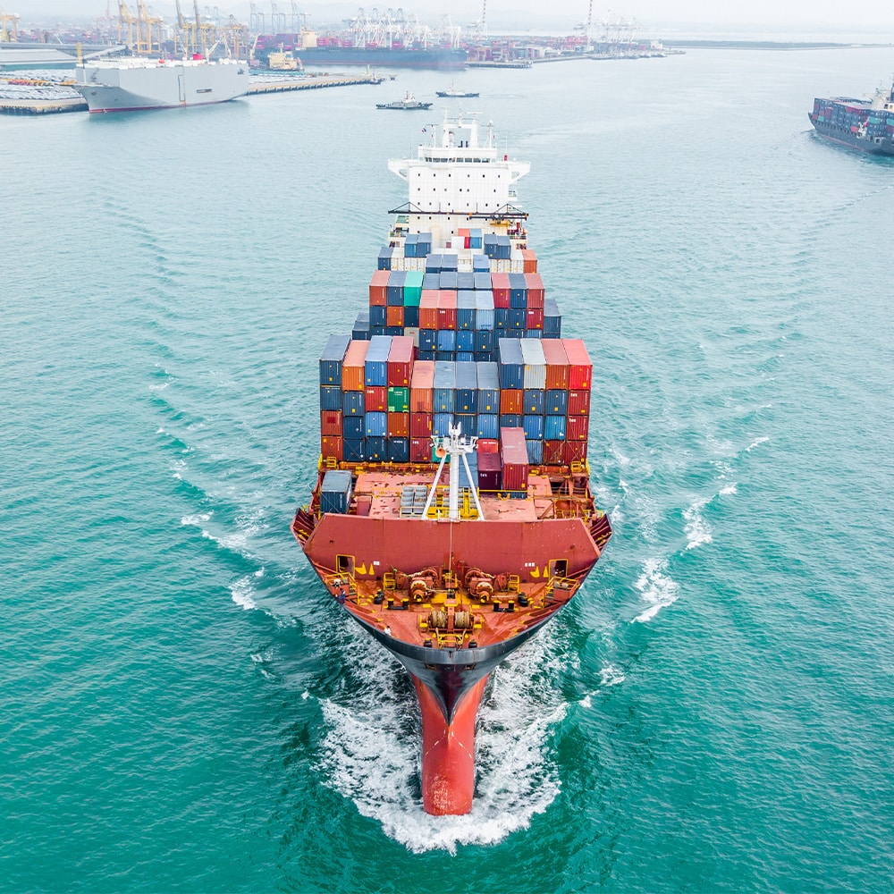 container ship leaving the harbor