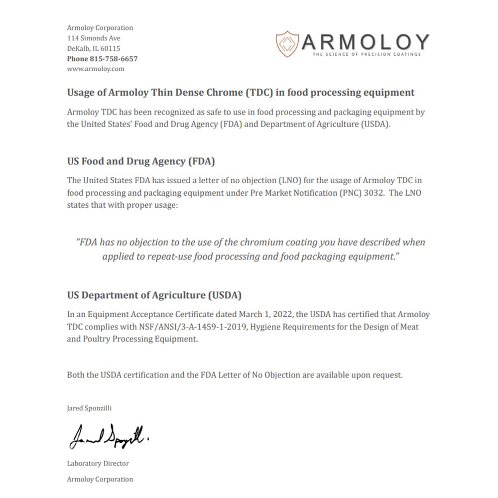 USDA and FDA approval letter for Armoloy food safe coating