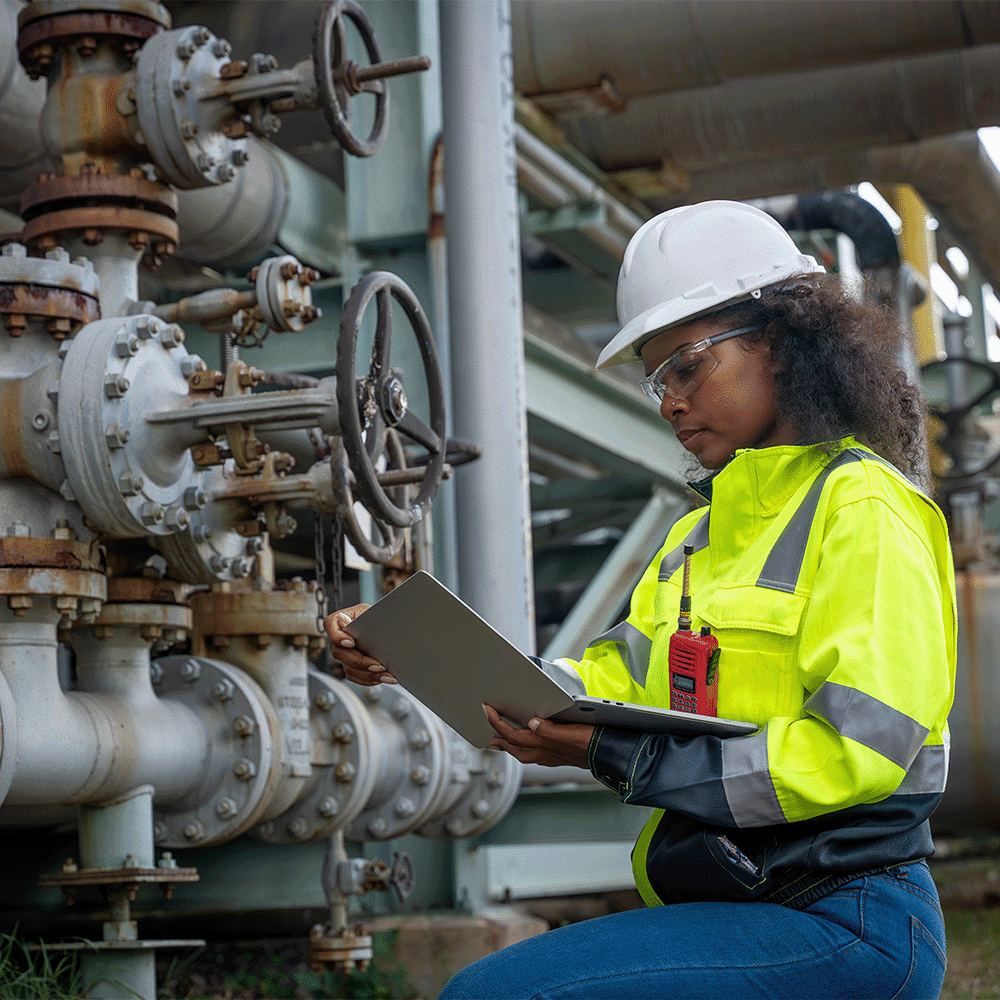 An EMS engineer inspecting industrial valves and pipes at an oil refinery, representing steps to achieve ISO 14001 certification for environmental management.