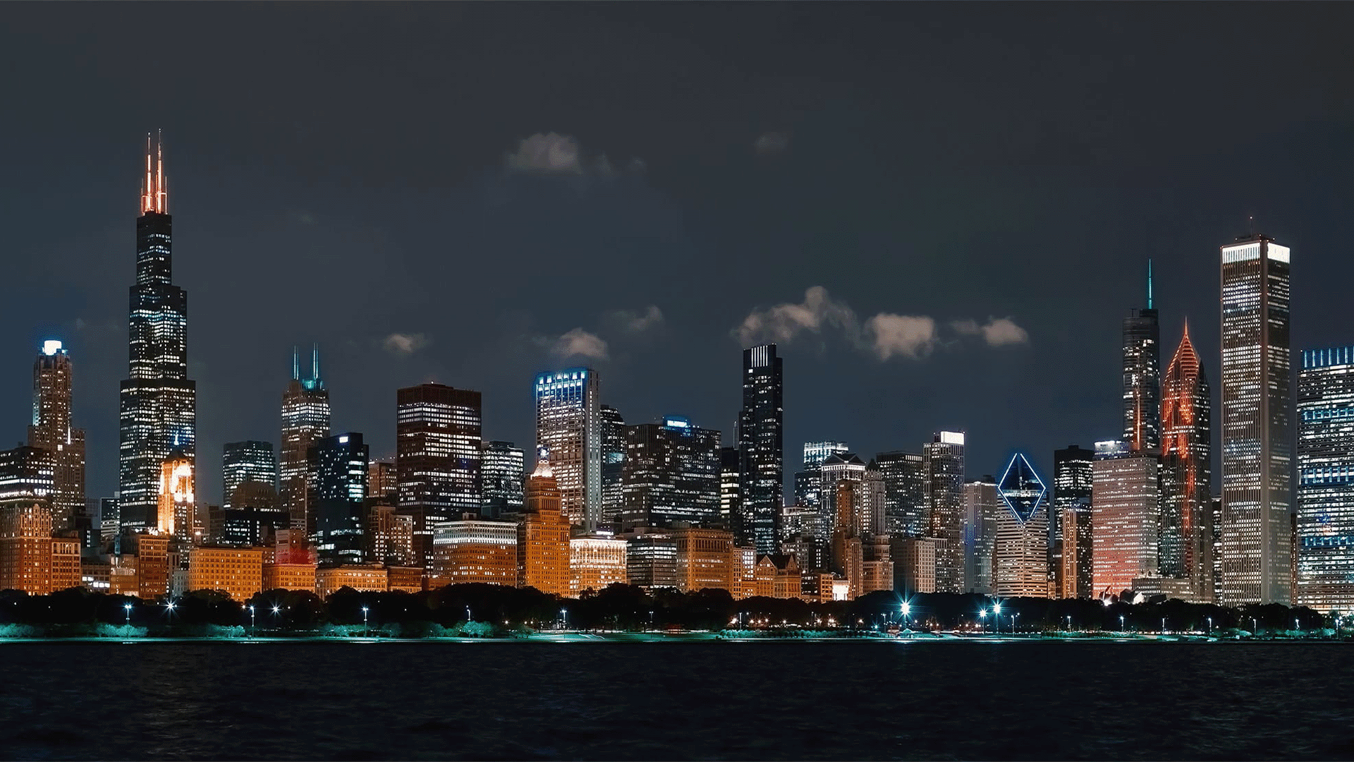 Chicago skyline at night just East of Armoloy Illinois