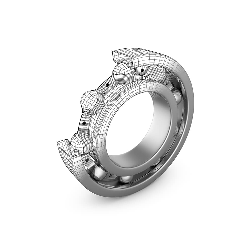 deep groove roller bearing cut in half to show anatomy