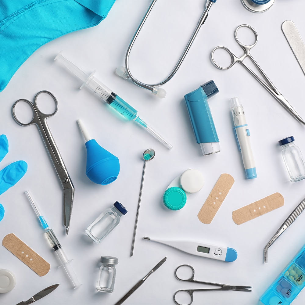 Medical tools and objects representing the many components positively impacted by ISO 13485 discipline