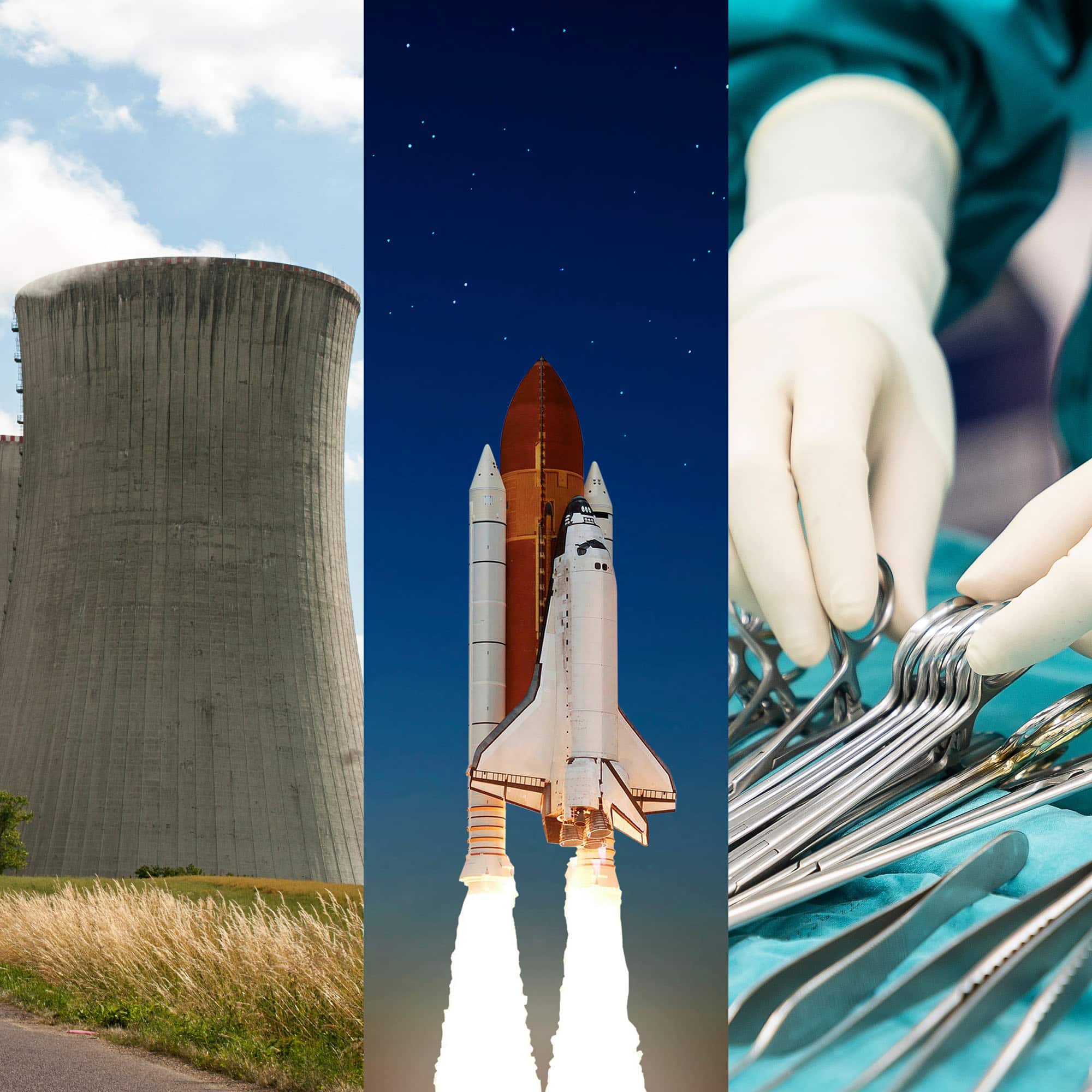 An image showing a nuclear reactor tower on the left, rocket ship in the middle, and surgical tools on the right
